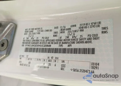 2017 Ford Escape Se from USA, damaged, VIN 1FMCU9GD0HUC20849